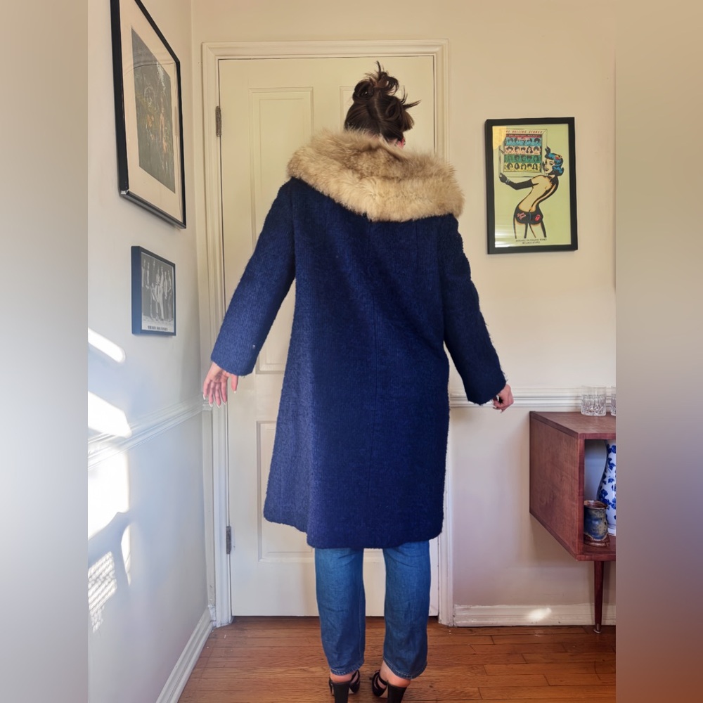 50s Vintage Boulce Tweed Swing Coat w Fox collar Sz Large - Picture 2 of 8